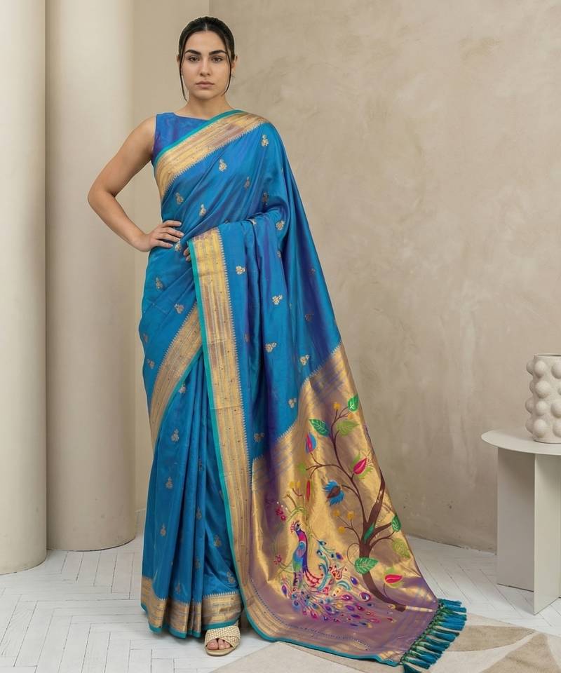 Teal woven zari buti & peacock pallu work silk blend fabric traditional festive style paithani style saree