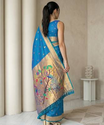 Teal woven zari buti & peacock pallu work silk blend fabric traditional festive style paithani style saree 2