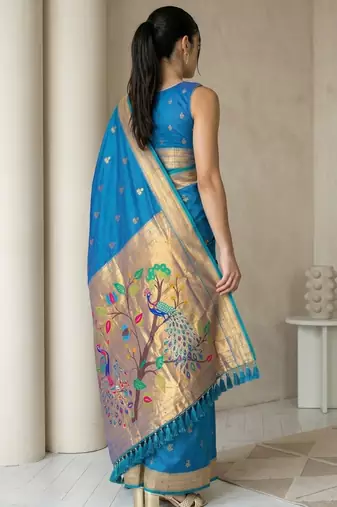 Teal woven zari buti & peacock pallu work silk blend fabric traditional festive style paithani style saree