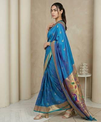 Teal woven zari buti & peacock pallu work silk blend fabric traditional festive style paithani style saree 3