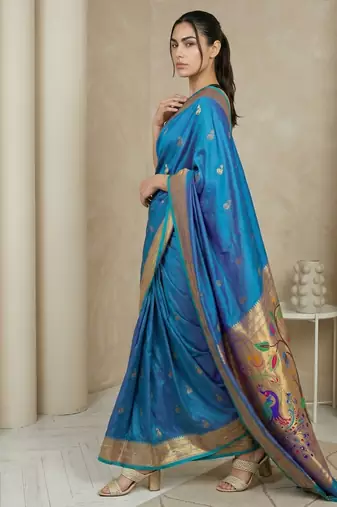 Teal woven zari buti & peacock pallu work silk blend fabric traditional festive style paithani style saree