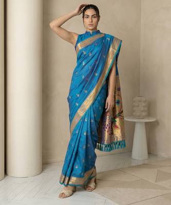 Teal woven zari buti & peacock pallu work silk blend fabric traditional festive style paithani style saree 4