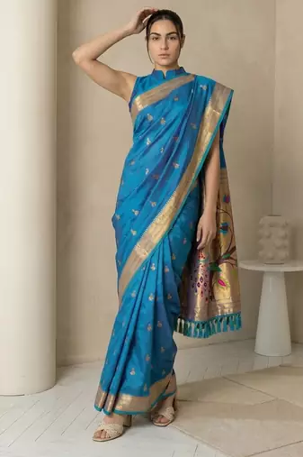 Teal woven zari buti & peacock pallu work silk blend fabric traditional festive style paithani style saree