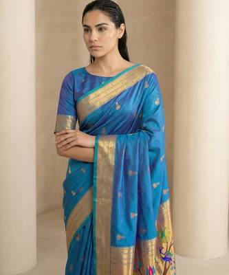 Teal woven zari buti & peacock pallu work silk blend fabric traditional festive style paithani style saree 5