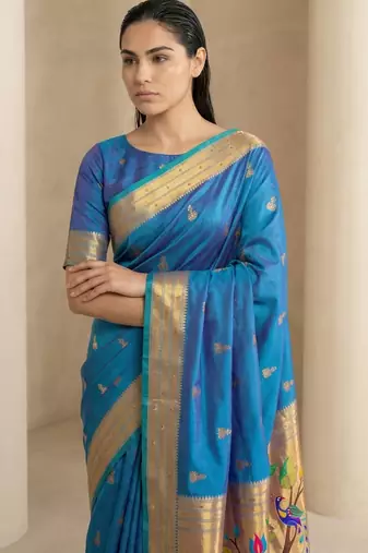 Teal woven zari buti & peacock pallu work silk blend fabric traditional festive style paithani style saree