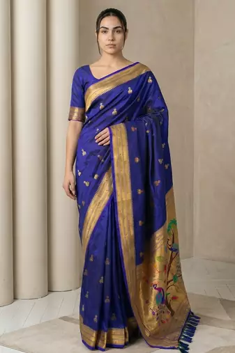 Blue woven zari buti & peacock pallu work silk blend fabric traditional festive style paithani style saree