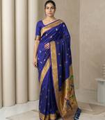 Blue woven zari buti & peacock pallu work silk blend fabric traditional festive style paithani style saree