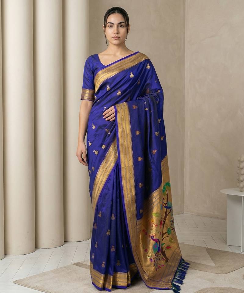 Blue woven zari buti & peacock pallu work silk blend fabric traditional festive style paithani style saree