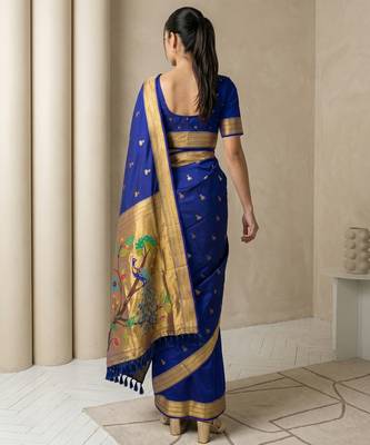 Blue woven zari buti & peacock pallu work silk blend fabric traditional festive style paithani style saree 2