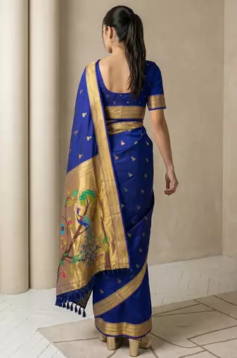 Blue woven zari buti & peacock pallu work silk blend fabric traditional festive style paithani style saree