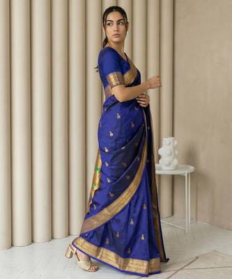 Blue woven zari buti & peacock pallu work silk blend fabric traditional festive style paithani style saree 3