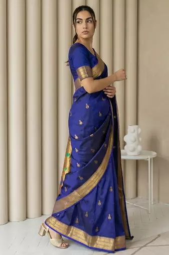 Blue woven zari buti & peacock pallu work silk blend fabric traditional festive style paithani style saree