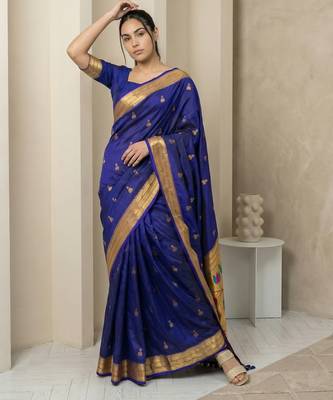 Blue woven zari buti & peacock pallu work silk blend fabric traditional festive style paithani style saree 4