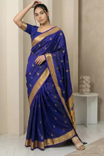 Blue woven zari buti & peacock pallu work silk blend fabric traditional festive style paithani style saree