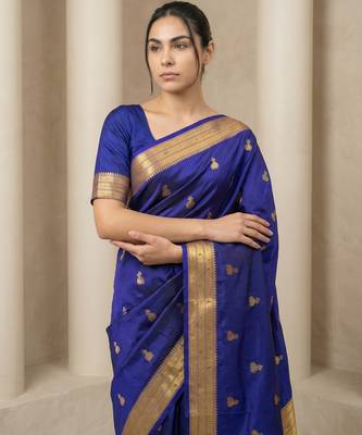 Blue woven zari buti & peacock pallu work silk blend fabric traditional festive style paithani style saree 5