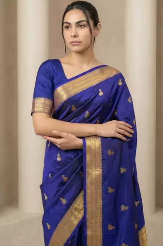 Blue woven zari buti & peacock pallu work silk blend fabric traditional festive style paithani style saree