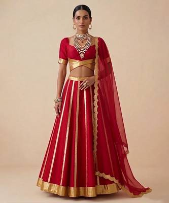 Crimson Red Embroidered Raw Silk Lehenga Set 1