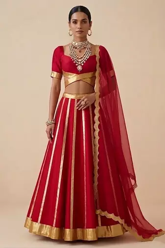 Crimson Red Embroidered Raw Silk Lehenga Set