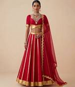 Crimson Red Embroidered Raw Silk Lehenga Set