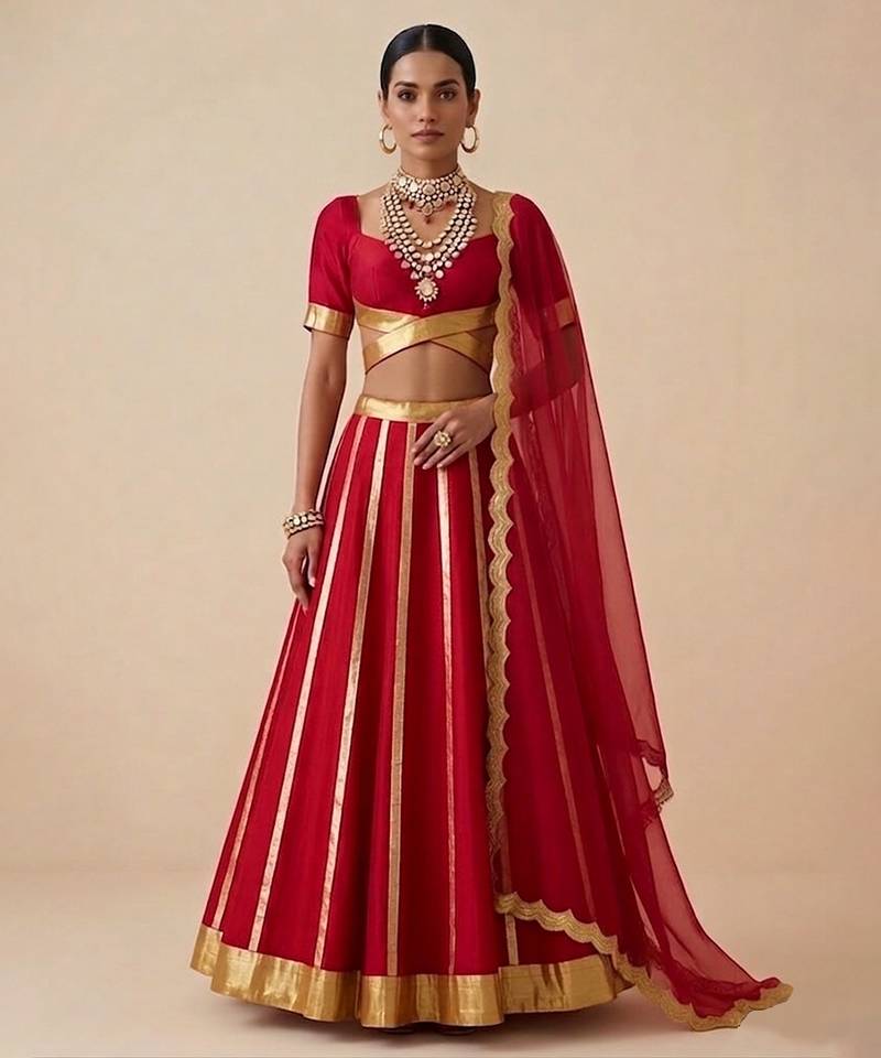 Crimson Red Embroidered Raw Silk Lehenga Set