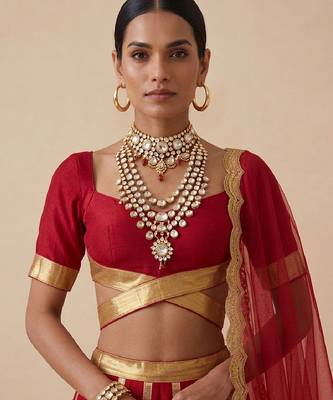 Crimson Red Embroidered Raw Silk Lehenga Set 2