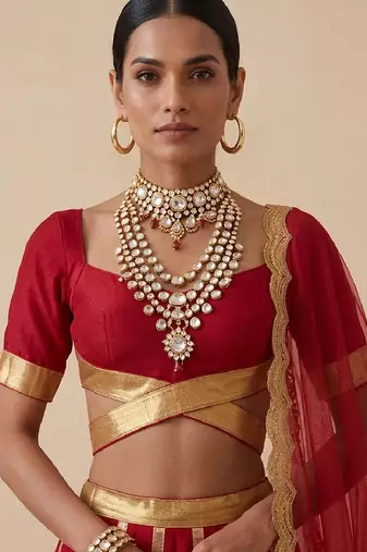 Crimson Red Embroidered Raw Silk Lehenga Set