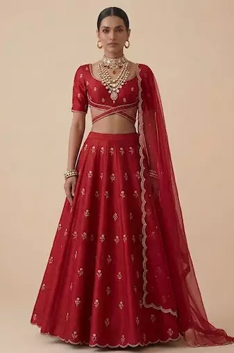 Red Embroidered Raw Silk Lehenga Set
