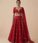 Red Embroidered Raw Silk Lehenga Set