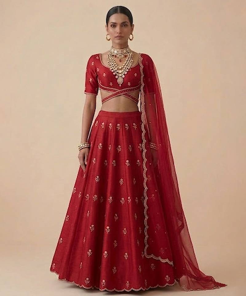 Red Embroidered Raw Silk Lehenga Set