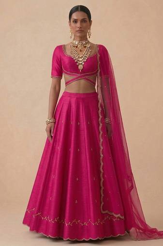 Hot Pink Embroidered Raw Silk Lehenga Set