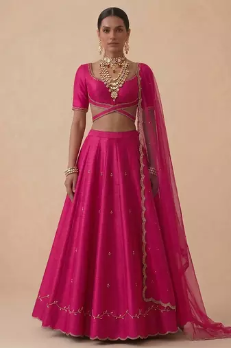 Hot Pink Embroidered Raw Silk Lehenga Set