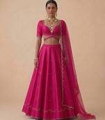 Hot Pink Embroidered Raw Silk Lehenga Set