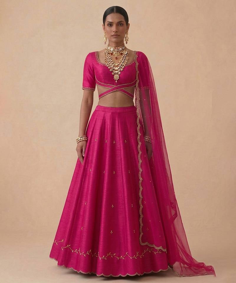 Hot Pink Embroidered Raw Silk Lehenga Set