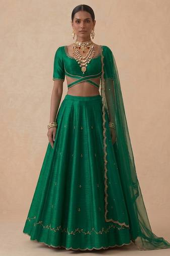 Emerald Green Embroidered Raw Silk Lehenga Set