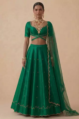Emerald Green Embroidered Raw Silk Lehenga Set