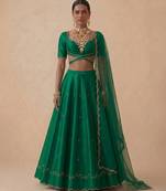 Emerald Green Embroidered Raw Silk Lehenga Set