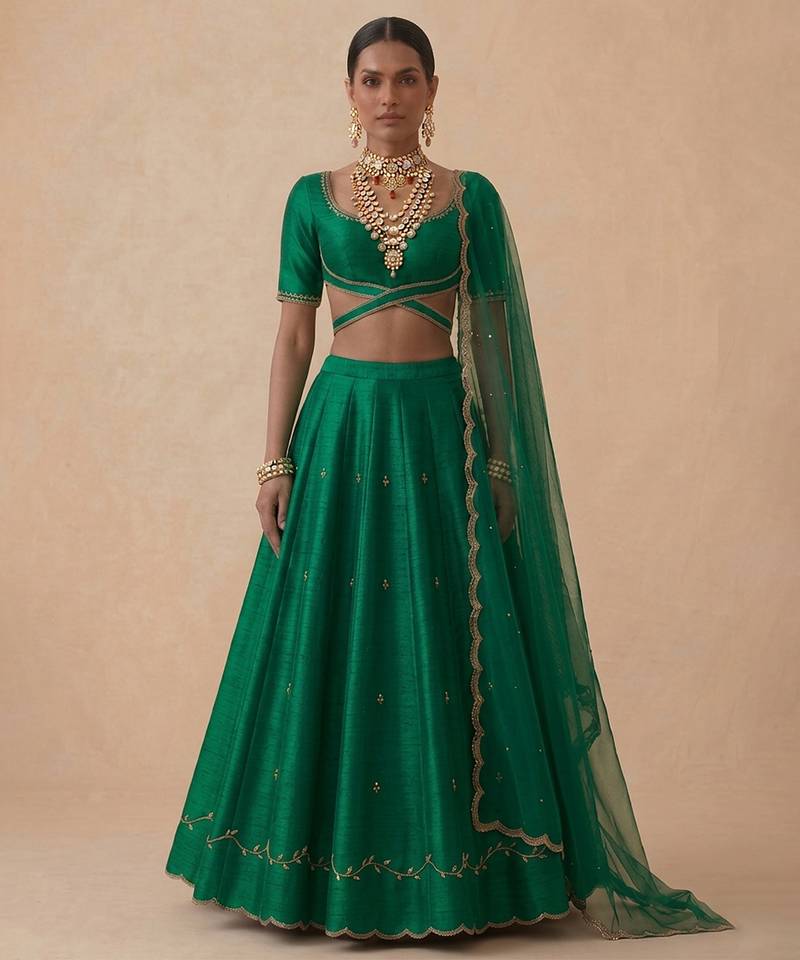 Emerald Green Embroidered Raw Silk Lehenga Set