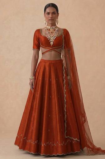 Rust Orange Embroidered Raw Silk Lehenga Set