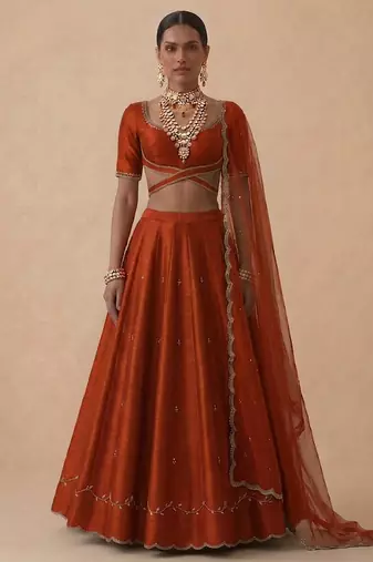 Rust Orange Embroidered Raw Silk Lehenga Set