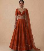 Rust Orange Embroidered Raw Silk Lehenga Set