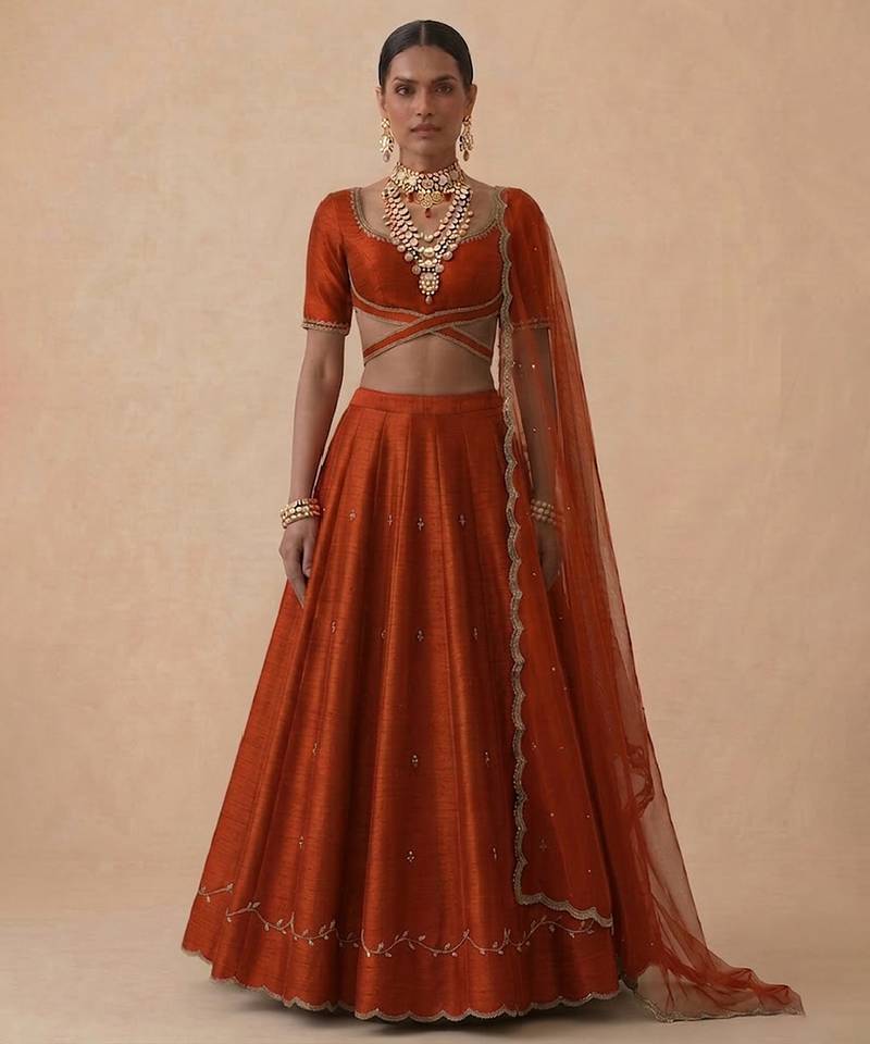 Rust Orange Embroidered Raw Silk Lehenga Set
