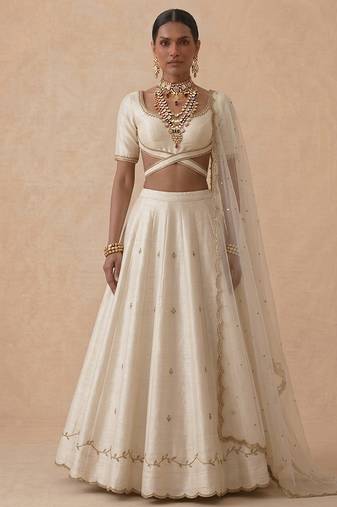 Ivory Embroidered Raw Silk Lehenga Set