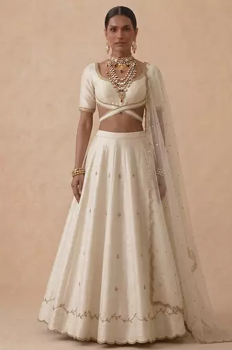 Ivory Embroidered Raw Silk Lehenga Set