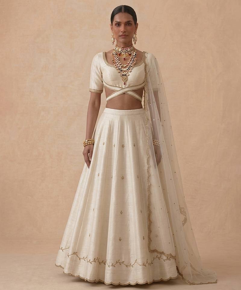 Ivory Embroidered Raw Silk Lehenga Set