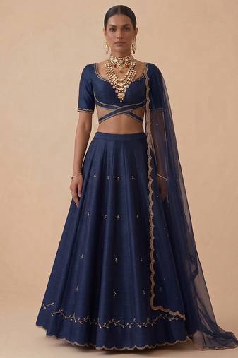 Navy Blue Embroidered Raw Silk Lehenga Set