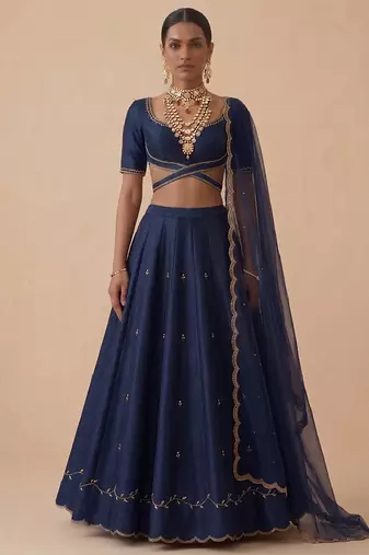 Navy Blue Embroidered Raw Silk Lehenga Set