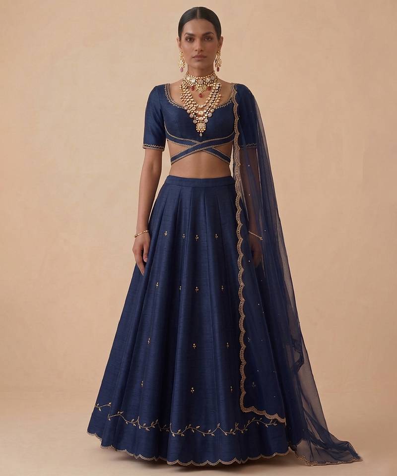 Navy Blue Embroidered Raw Silk Lehenga Set