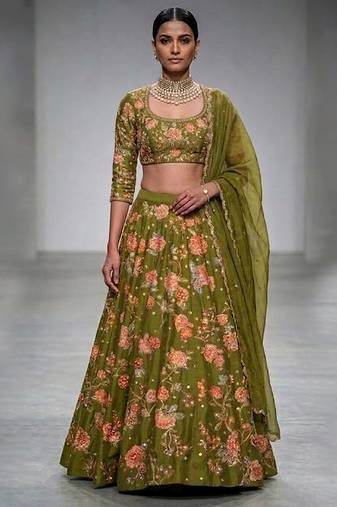 Olive Green Embroidered Silk Lehenga Set