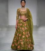 Olive Green Embroidered Silk Lehenga Set