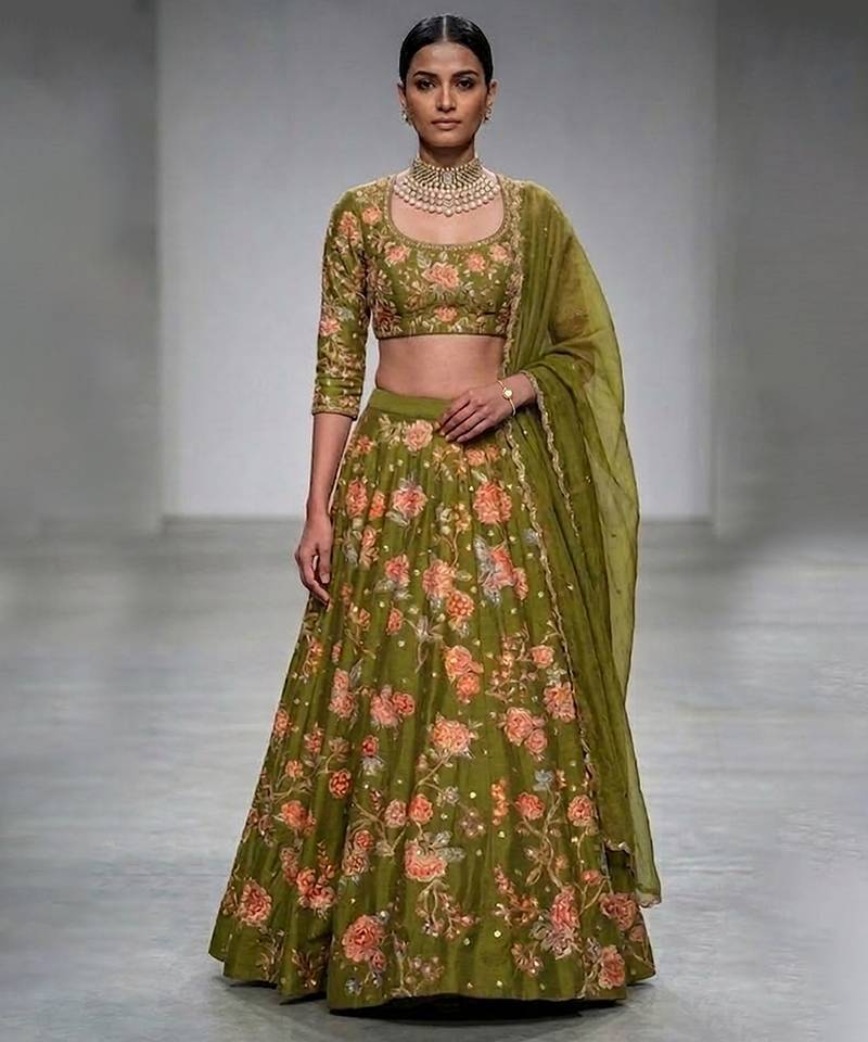 Olive Green Embroidered Silk Lehenga Set
